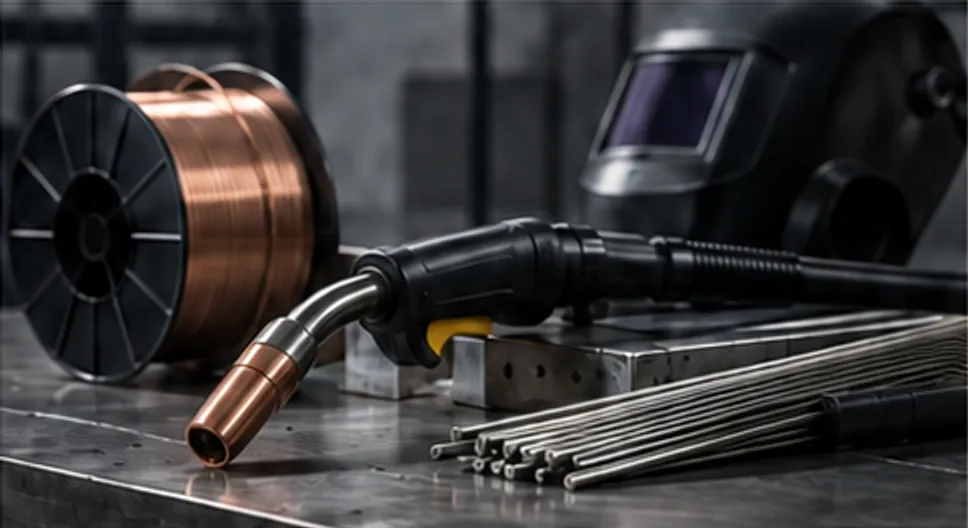 Industrial welding machine, torch, wire spool and welding rods on a steel workbench.